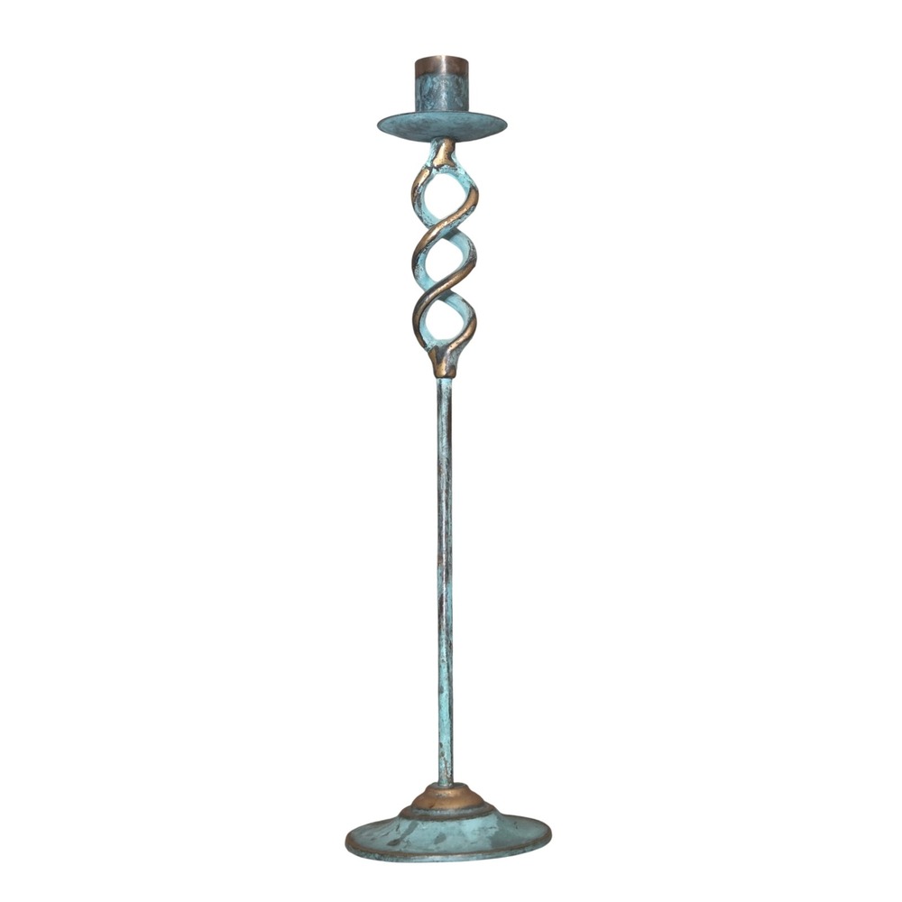 Vintage Brass Turquoise Verdigris Patina Candlestick Holder Twisted Helix 13 in.